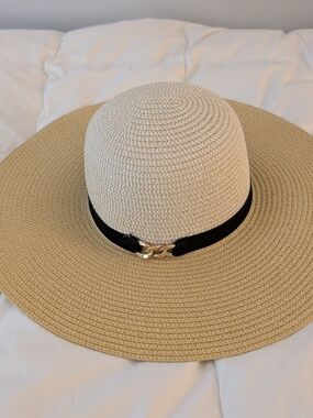 Wide Brim Straw Sun Hat with Black Ribbon and Gold Accent